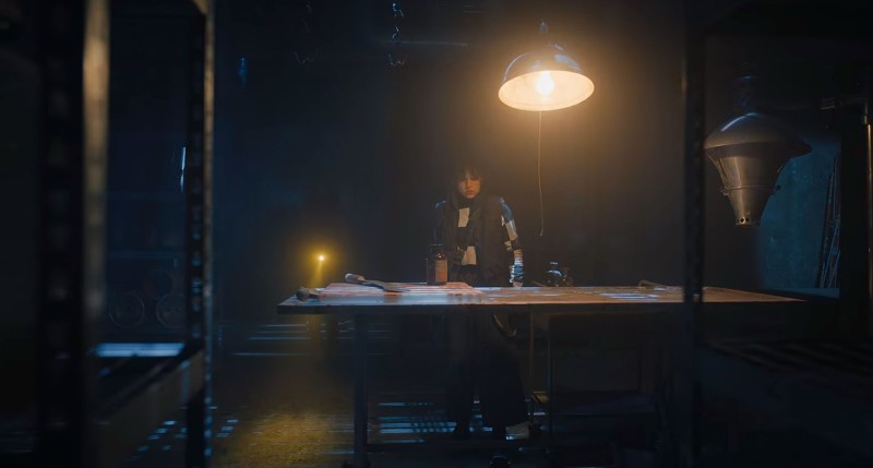 Wednesday in the Gates mansion basement