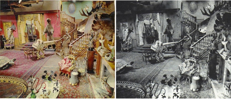 Side-by-side of The Addams Family colors and black and white
